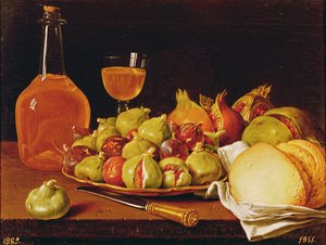Natura morta con un piatto di fichi e melograni, pane e vino